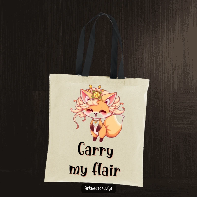 Funny fox tote bag, cute animal in ornate hairpiece playfully twirling, reusable bag, stylish accessory, excellent funny gift.