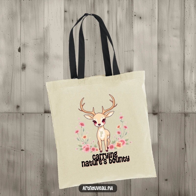 Funny Tote Bag: Graceful deer with elongated antlers amidst floral motifs, a stylish and practical floral accessory.