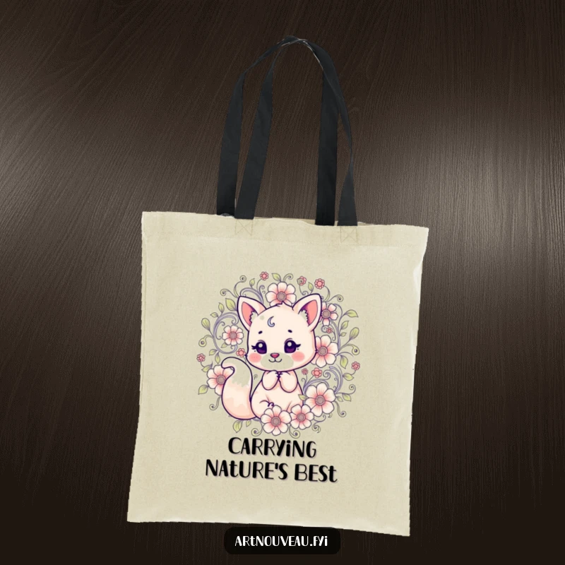 Funny Tote Bag: A charming fox interacting with intricate, swirling floral motifs, perfect for carrying essentials with flair.