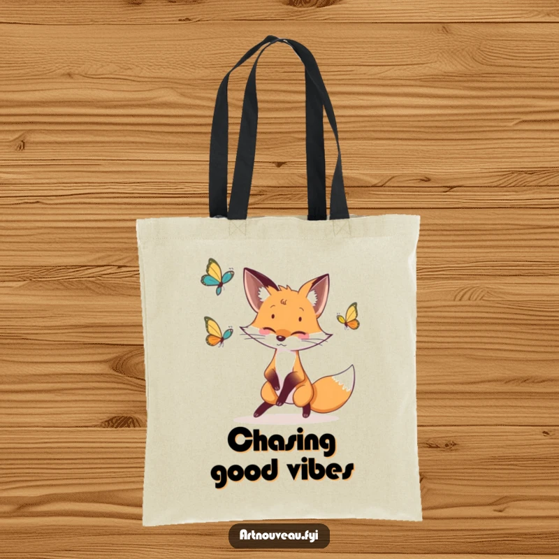 Funny fox tote bag with a whimsical fox and butterfly illustration in elegant lines, ideal for stylish transport.