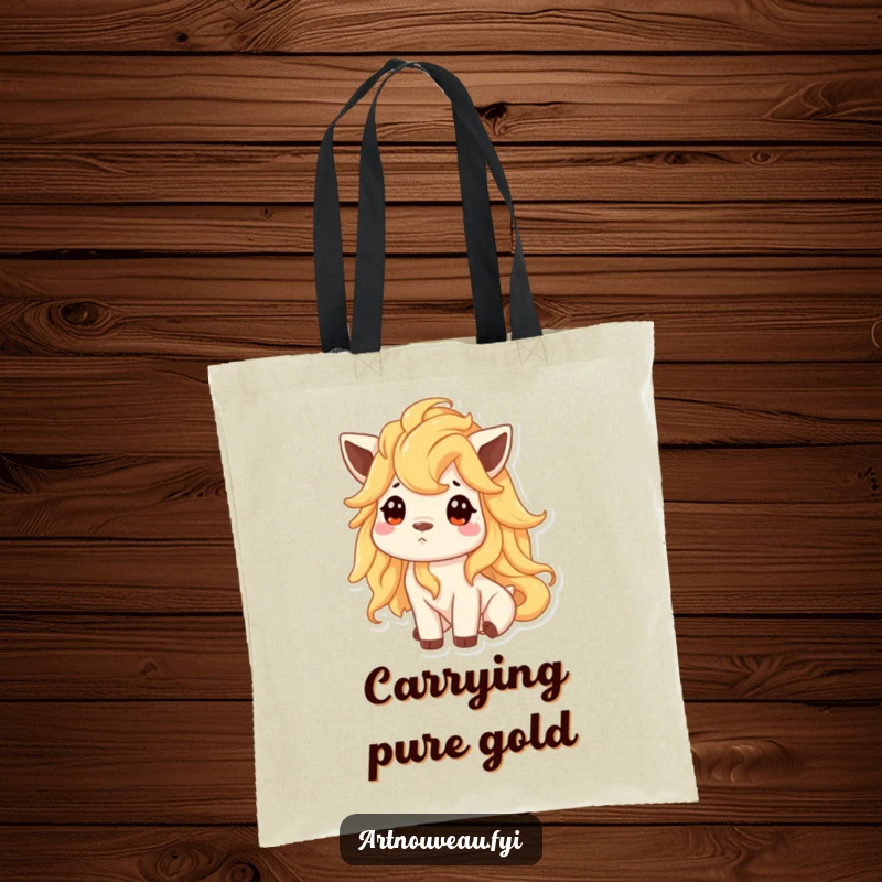 Funny tote bag illustrating an animal with a flowing, liquid gold mane, captured in a moment of curious wonder.