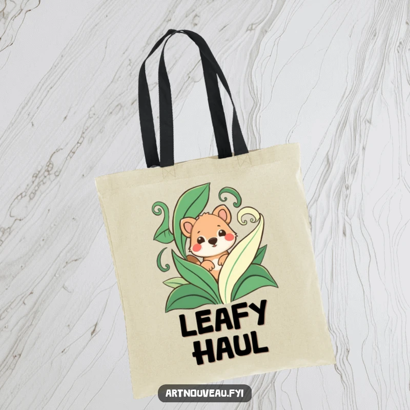 Funny tote bag with a playful animal peeking from behind flowing, stylized leaves, great for carrying treasures and smiles.