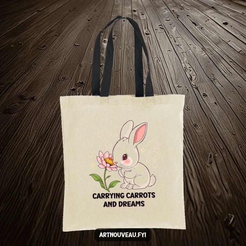 Funny Tote Bag: Curious rabbit with art nouveau swirls inspecting a detailed flower, a stylish and practical accessory.