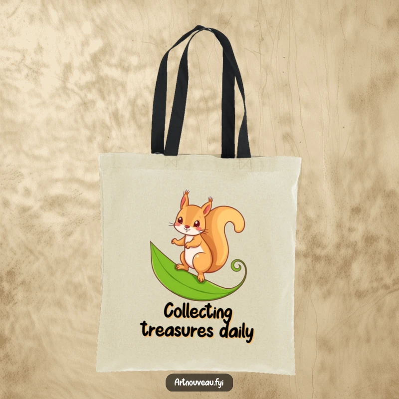 Funny tote bag with a mischievous squirrel balancing on a stylized, curling leaf, great for shopping and daily use.