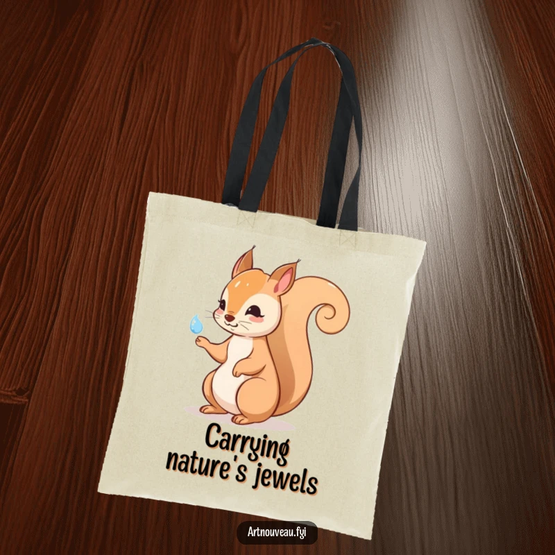 Funny squirrel tote bag featuring an elegant swirling tail and a dewdrop, ideal for carrying groceries or daily essentials with a touch of whimsy.
