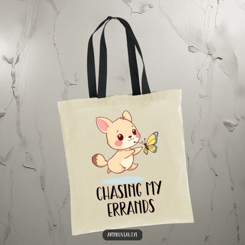Funny tote bag depicting a whimsical animal joyfully chasing a delicately drawn butterfly, ideal for carrying items with playful flair.