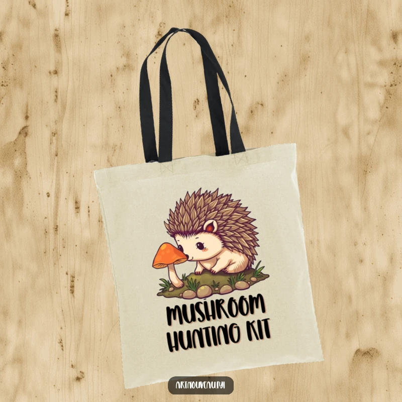 Funny hedgehog tote bag showcasing intricate art nouveau spines and a glowing mushroom, ideal for carrying essentials with a touch of enchantment.