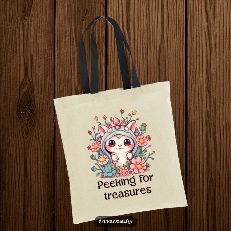 Funny tote bag showing a curious creature peeking from behind elaborate, organic embellishments, perfect for carrying items mysteriously.