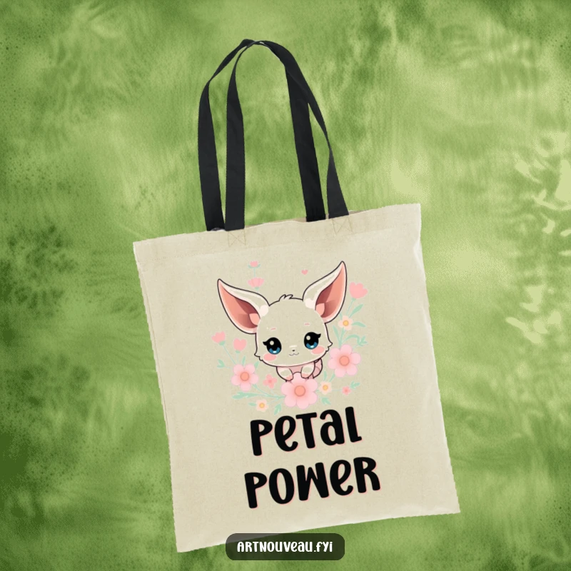 Funny Creature Tote Bag: Features a creature with flowing ears floating amidst stylized floral elements, perfect for carrying treasures.