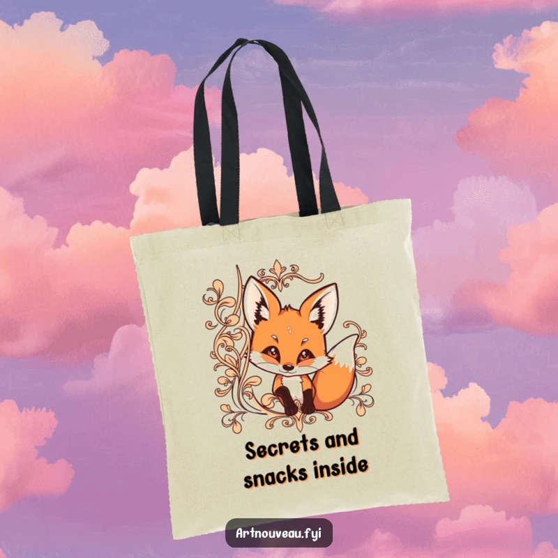 Funny tote bag with a curious fox peeking from behind ornate, flowing lines, ideal for everyday use.