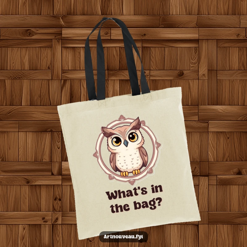 Funny Owl Tote Bag displaying a curious owl with large, expressive eyes peering through a decorative circular frame, practical and humorous.