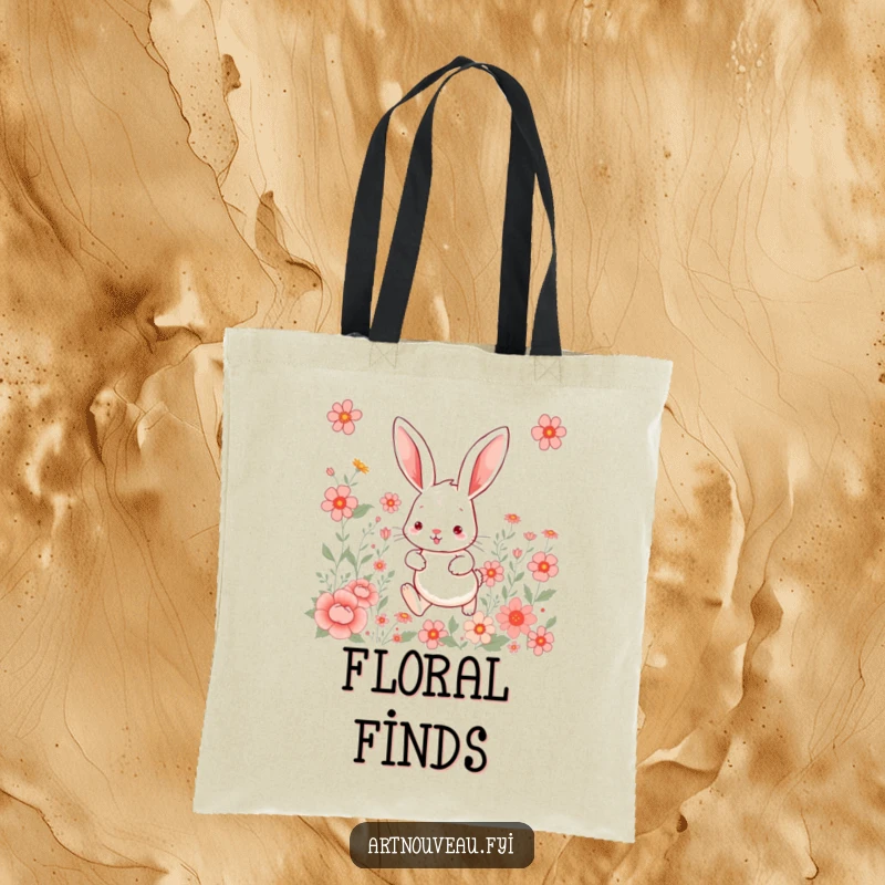 Whimsical rabbit tote bag, showcasing a large-eared hare hopping through beautiful floral art, a perfect carry-all.