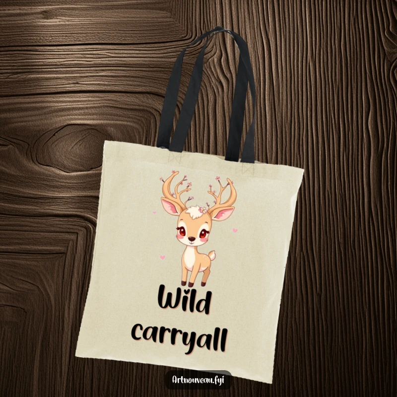 Funny deer tote bag, playful animal with blossom-adorned antlers, elegant forest design, stylish accessory, excellent funny gift.